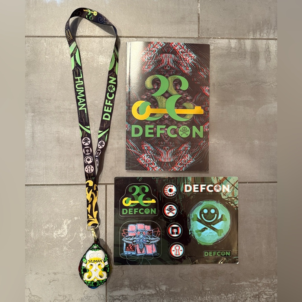 DefCon 33 Human Badge, Book & Stickers. DEF CON 33 Hackers DEFCON Las Vegas 2025